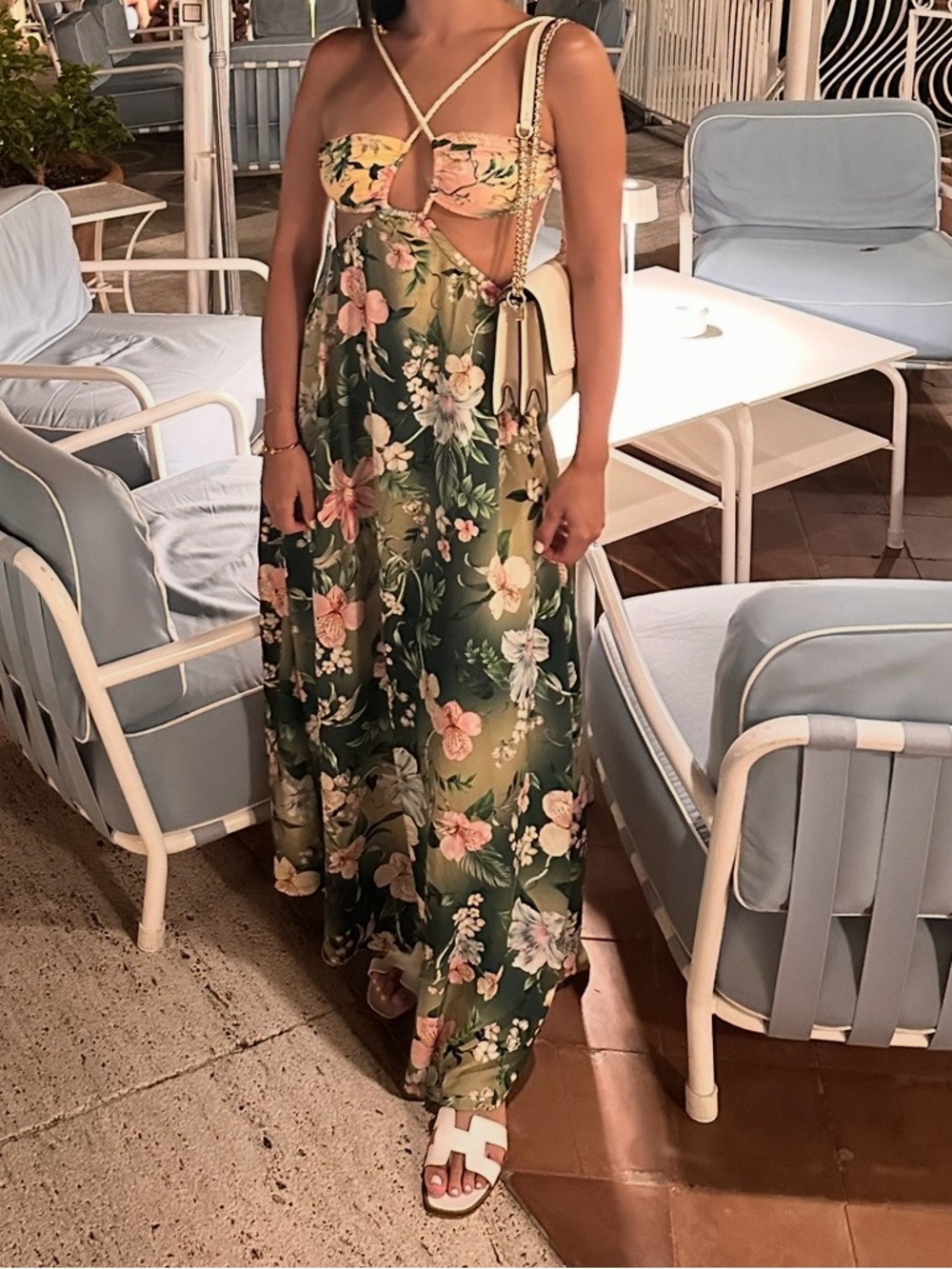 Agua Bendita Floral Green Cutout Maxi Dress with Pink Accents